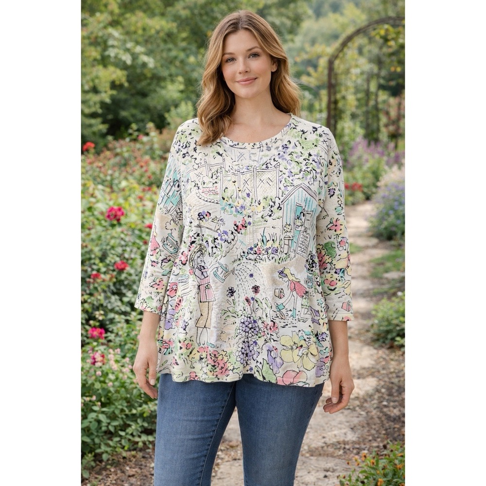 CJ Banks Garden Print Top XL Whimsical Cottagecore Artsy 3/4 Sleeve
